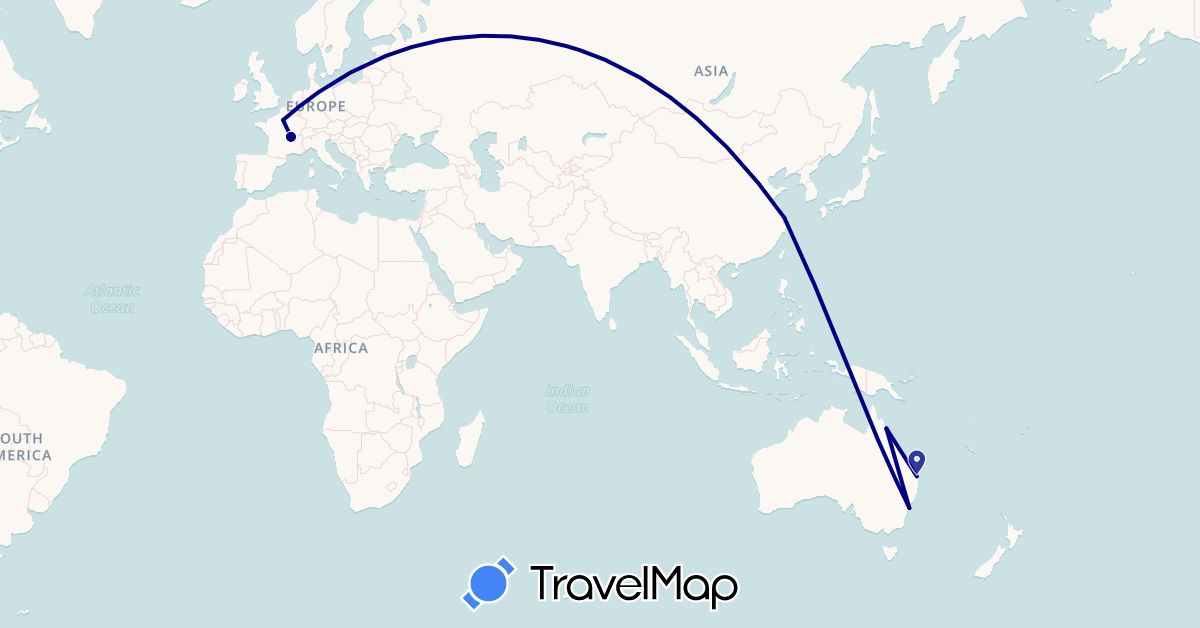 TravelMap itinerary: driving in Australia, China, France (Asia, Europe, Oceania)